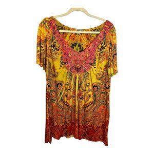 One World Blouse Women's Size 1X Tunic Embroidered‎ Flowy Embellished Yellow